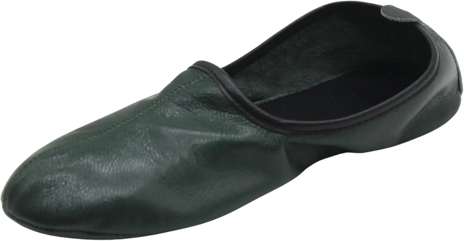 Mens Indoor Leather Slippers Dark Green Traditional Babouche House Shoes Barefoot Moccasin