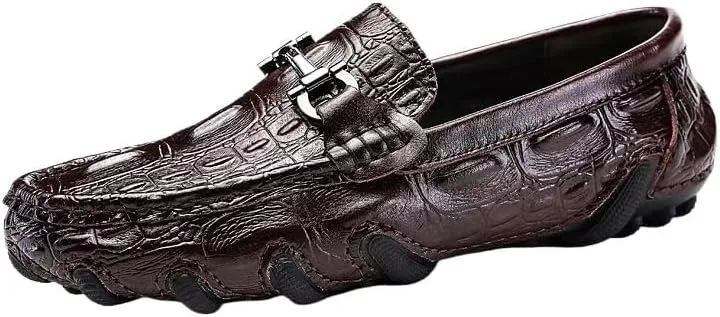 Men's Leather Loafers – Solid Color Crocodile Print, Flexible Flat Heel Lightweight Slip-On Driving Shoes for Casual Fashion