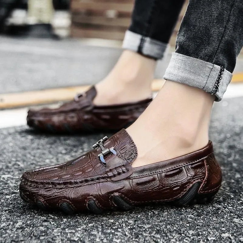 Men's Leather Loafers – Solid Color Crocodile Print, Flexible Flat Heel Lightweight Slip-On Driving Shoes for Casual Fashion