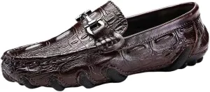 Men's Leather Loafers – Solid Color Crocodile Print, Flexible Flat Heel Lightweight Slip-On Driving Shoes for Casual Fashion