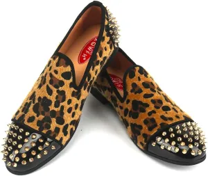 Mens Leopard Loafers Leather Embroidery Spiked Slip on Dress Shoes Slipper Luxury Fashion Penny Prom