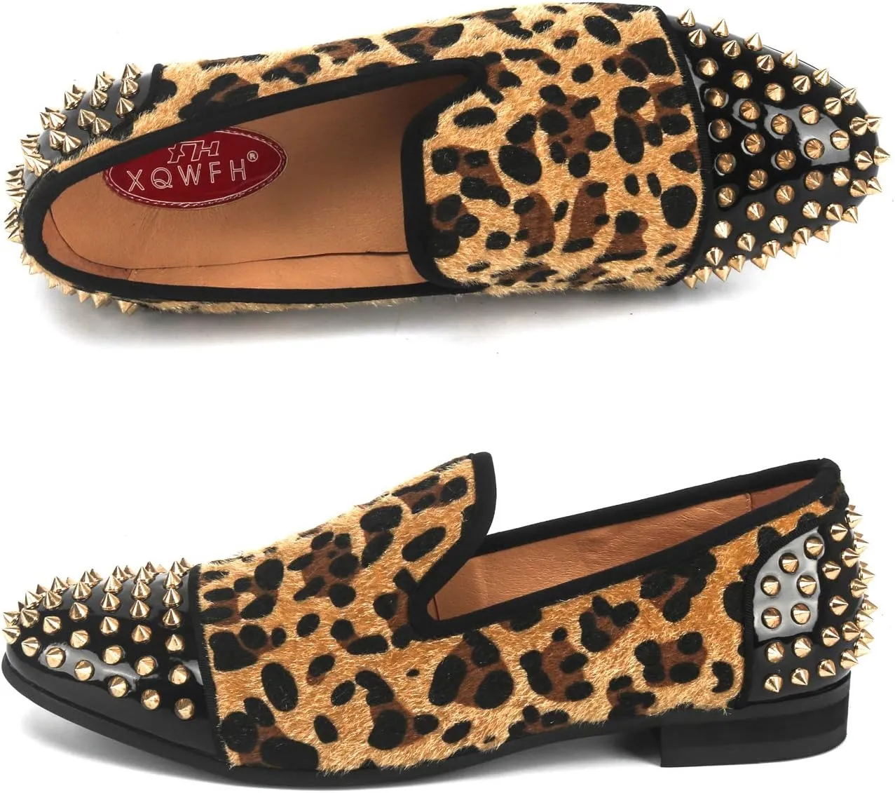 Mens Leopard Loafers Leather Embroidery Spiked Slip on Dress Shoes Slipper Luxury Fashion Penny Prom