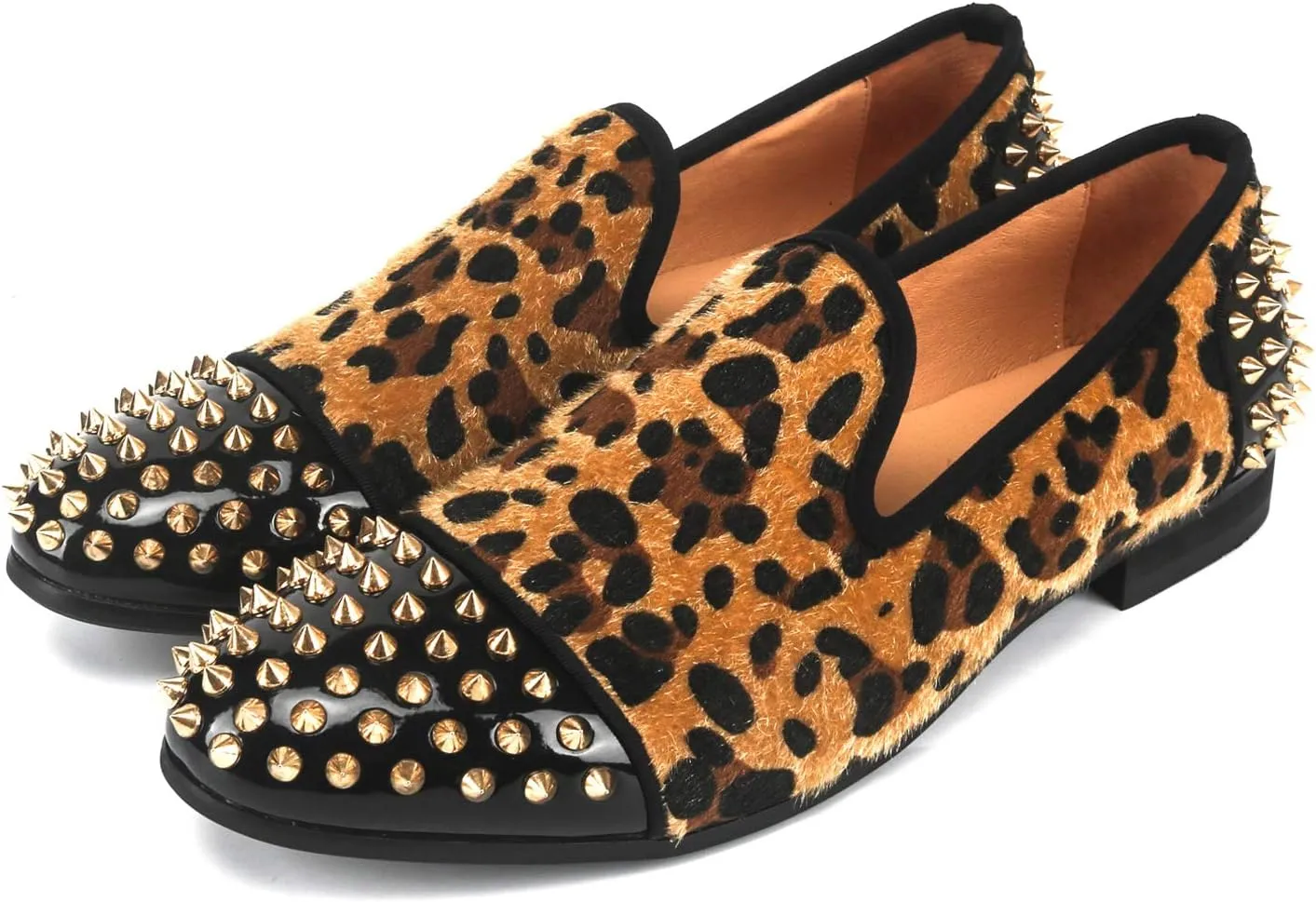 Mens Leopard Loafers Leather Embroidery Spiked Slip on Dress Shoes Slipper Luxury Fashion Penny Prom