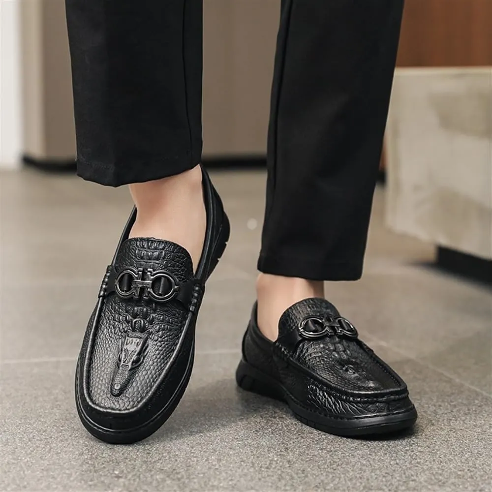 Men's Smoking Loafers – Faux Crocodile Print Leather, Round Toe, Slip-On, Lightweight, Flexible, Flat Heel, Anti-Slip Casual Shoes