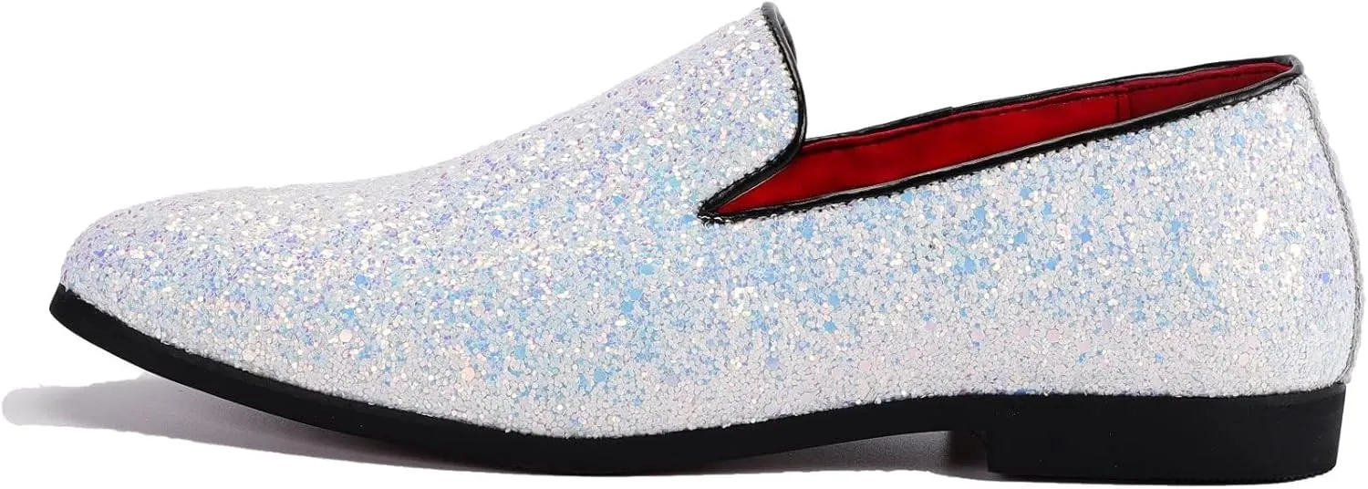 Mens Smoking Sparkling Slipper Metallic Sequins Textured Glitter Tuxedo Slip-on Prom Loafers Luxury Wedding Dress Shoes