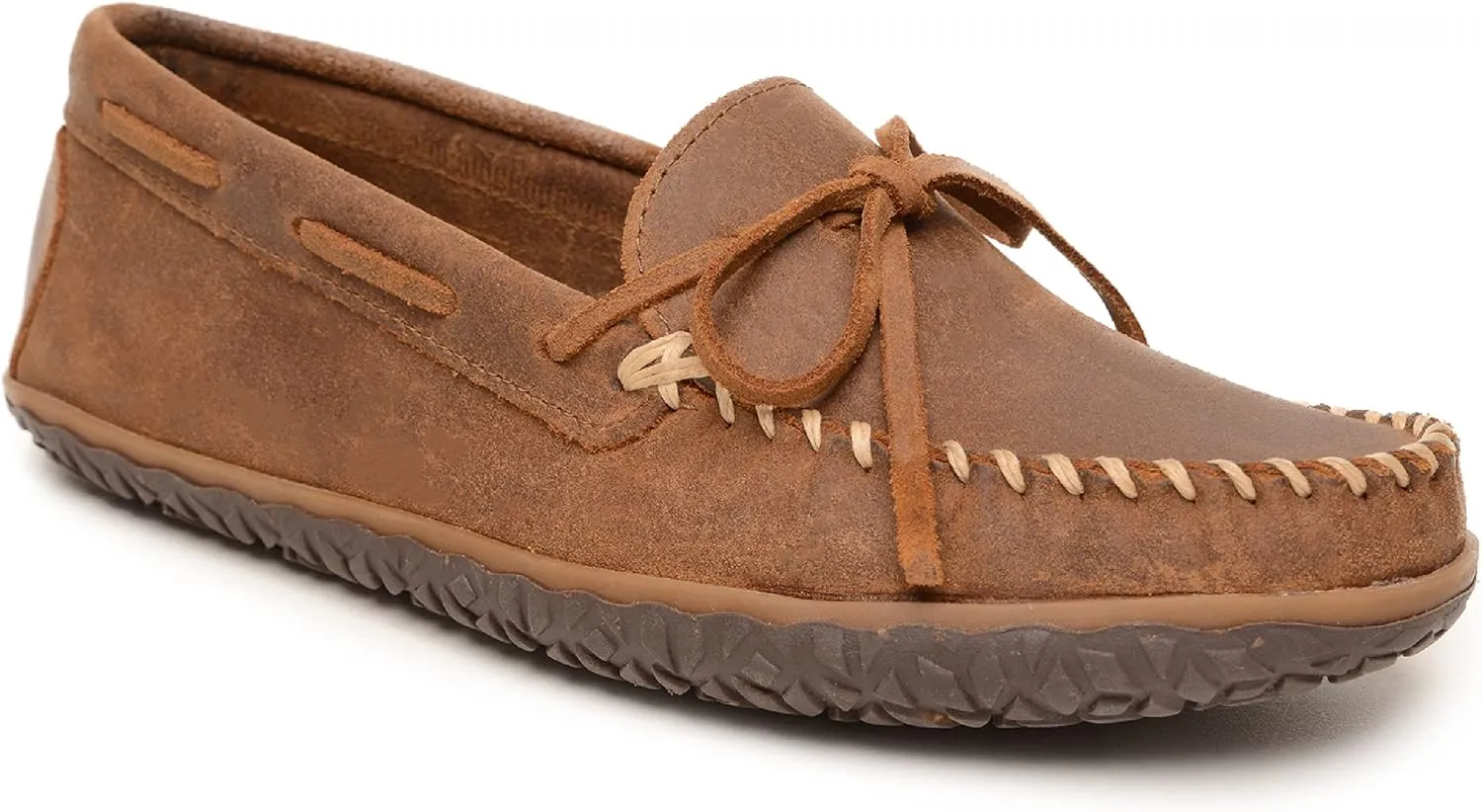 Minnetonka Men's Tie Tread - Suede Mocassins for Men - Water-Resistant Indoor Outdoor Slippers with MinnTREAD Rubber Sole
