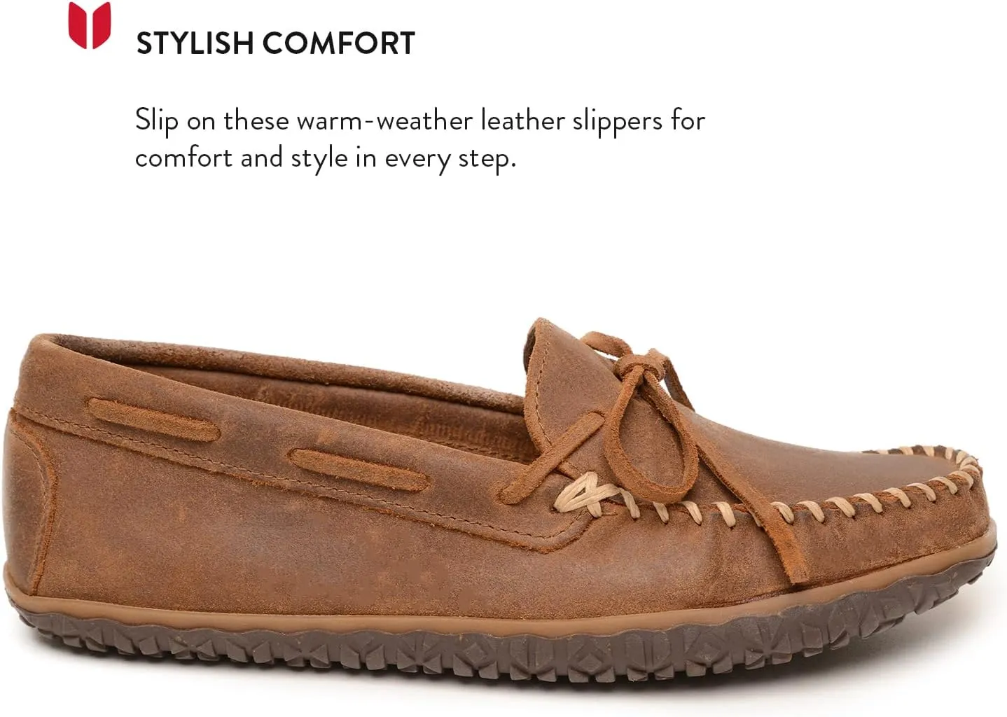 Minnetonka Men's Tie Tread - Suede Mocassins for Men - Water-Resistant Indoor Outdoor Slippers with MinnTREAD Rubber Sole