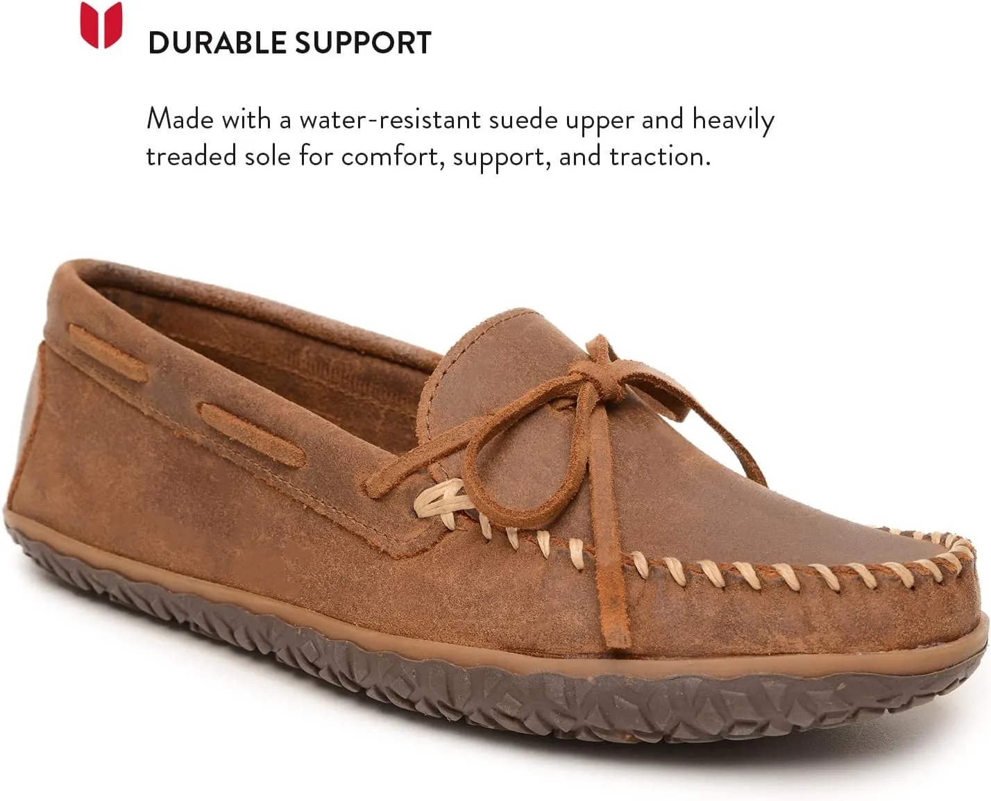 Minnetonka Men's Tie Tread - Suede Mocassins for Men - Water-Resistant Indoor Outdoor Slippers with MinnTREAD Rubber Sole