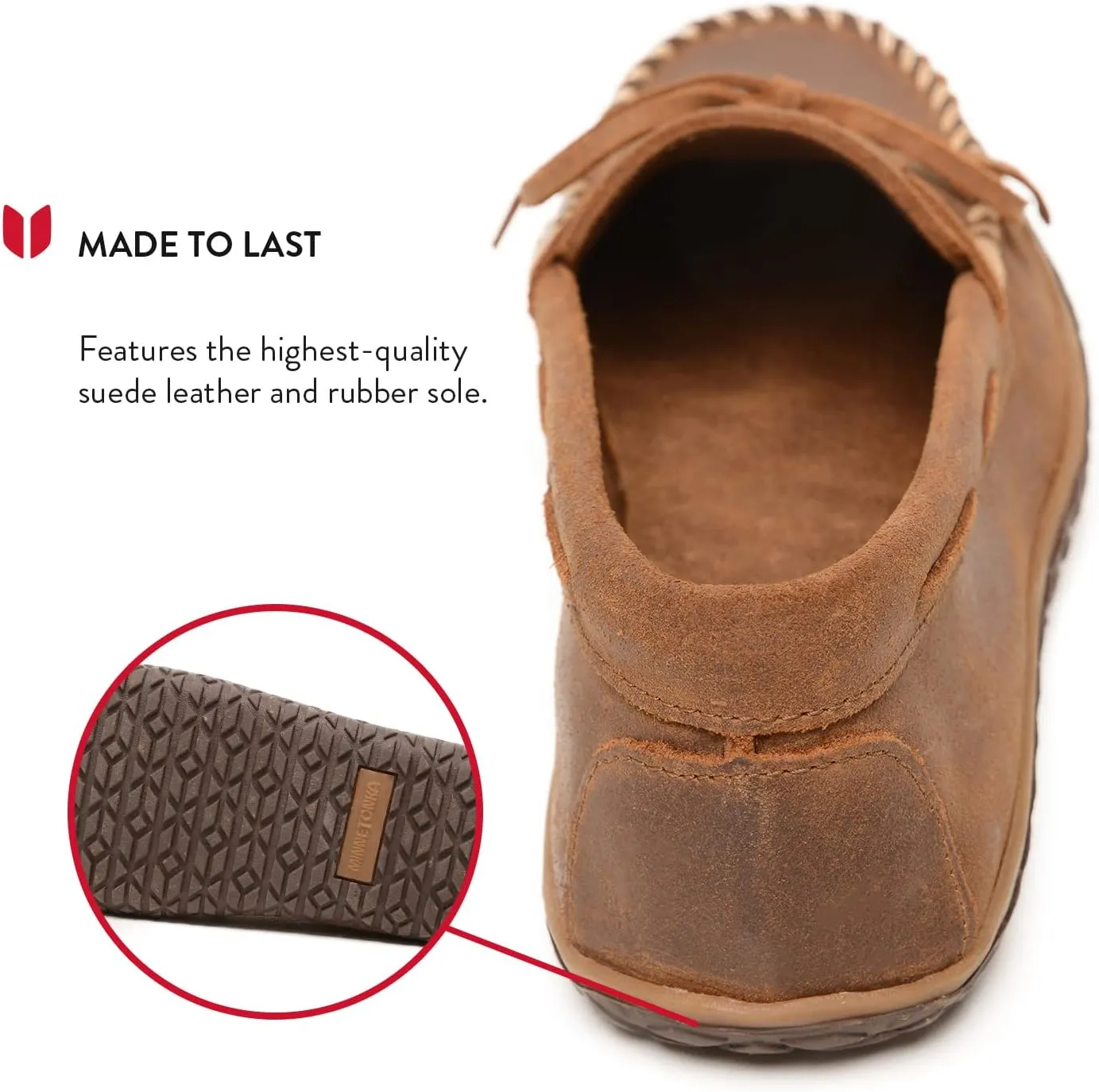 Minnetonka Men's Tie Tread - Suede Mocassins for Men - Water-Resistant Indoor Outdoor Slippers with MinnTREAD Rubber Sole