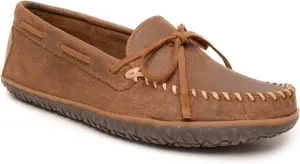 Minnetonka Men's Tie Tread - Suede Mocassins for Men - Water-Resistant Indoor Outdoor Slippers with MinnTREAD Rubber Sole