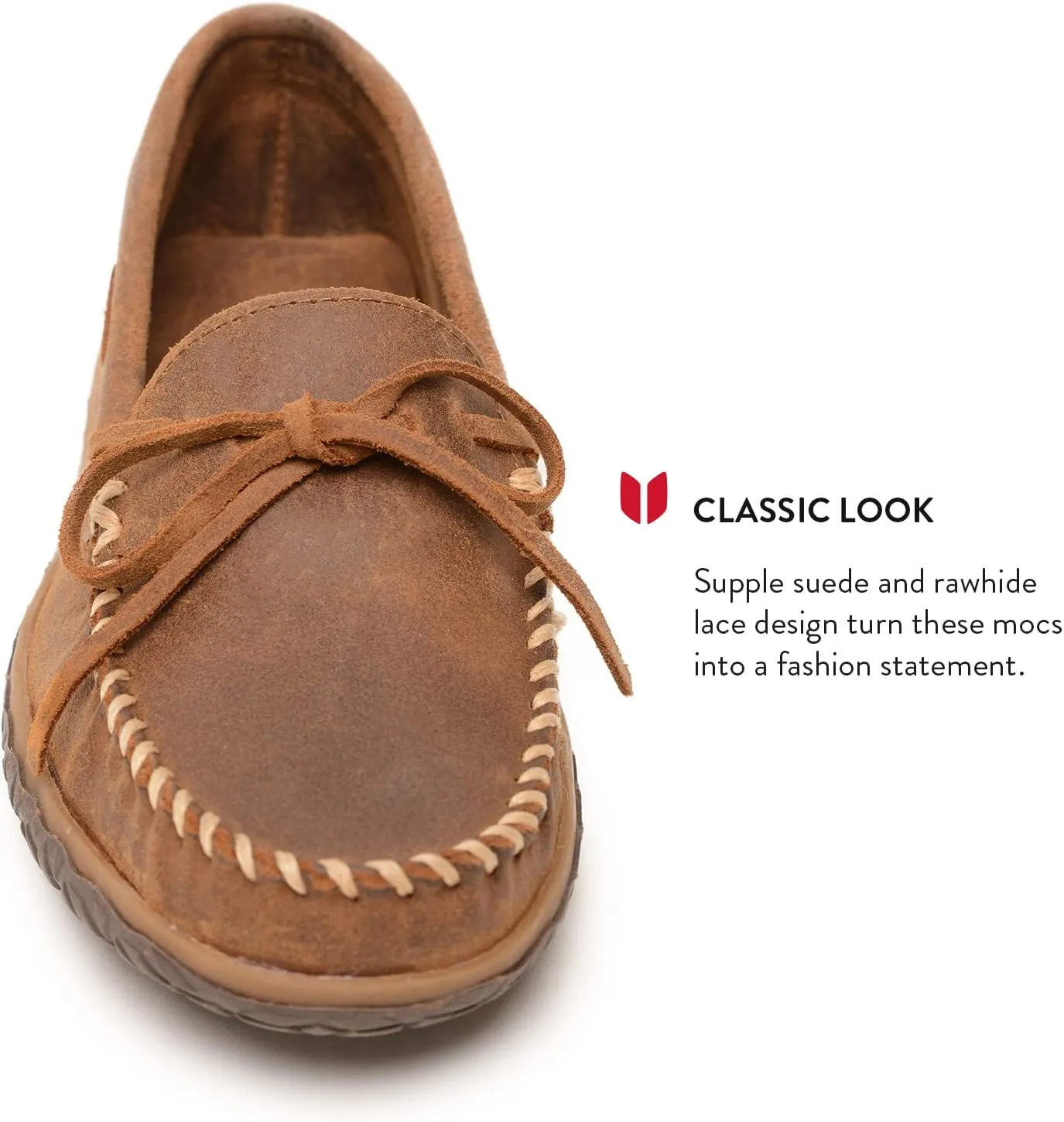 Minnetonka Men's Tie Tread - Suede Mocassins for Men - Water-Resistant Indoor Outdoor Slippers with MinnTREAD Rubber Sole