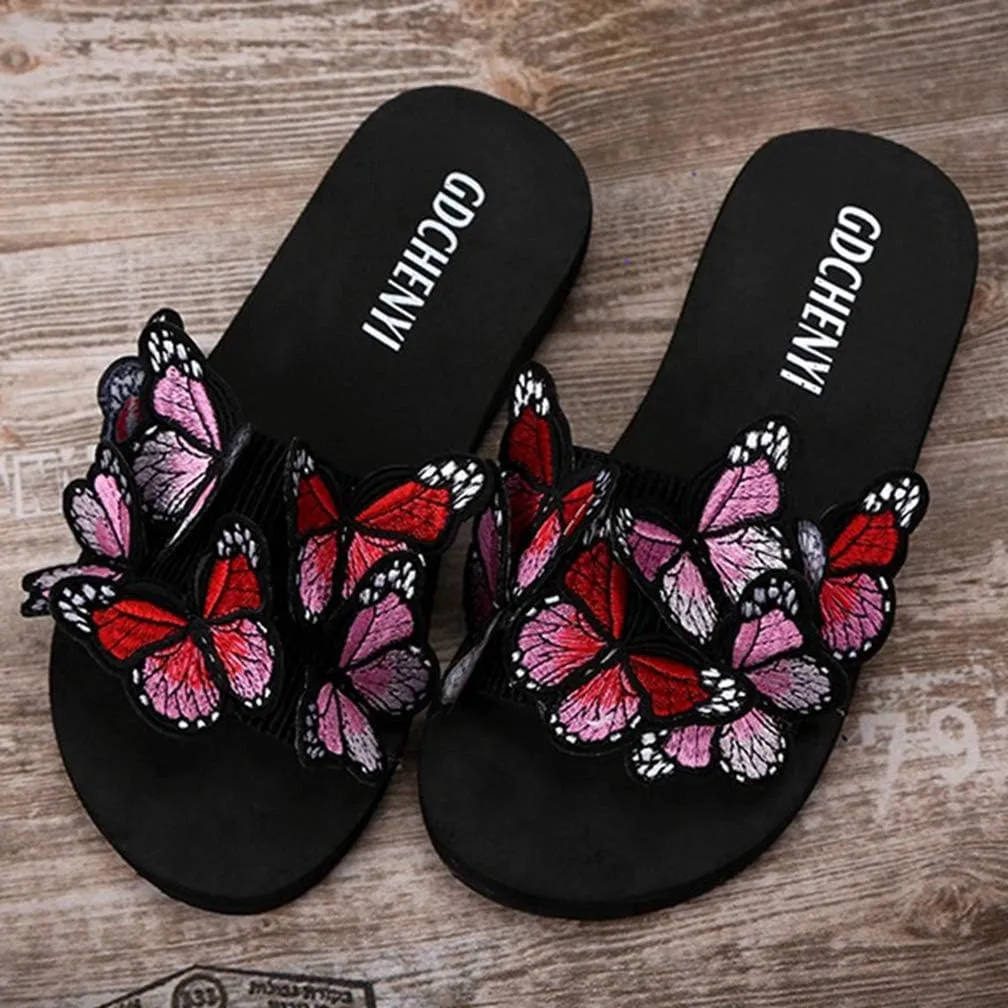MIOKE Summer Flat Slide Sandals For Womens Butterfly Platform Low Heel Comfy Nonslip Casual Beach Sandals