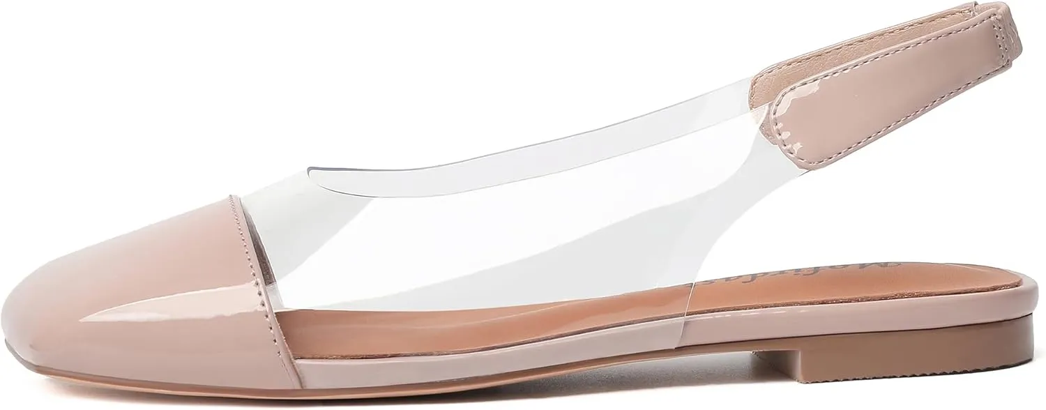 Mofirdast Clear Flats Sandals for Women Square Toe Slingback Flats with Transparent Ankle Strap for Work Weddings Parties