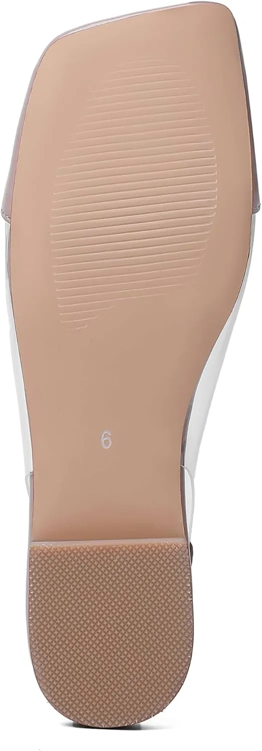 Mofirdast Clear Flats Sandals for Women Square Toe Slingback Flats with Transparent Ankle Strap for Work Weddings Parties