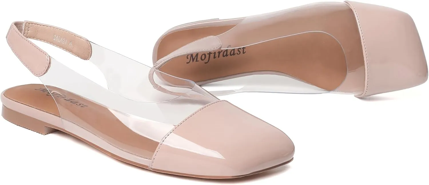 Mofirdast Clear Flats Sandals for Women Square Toe Slingback Flats with Transparent Ankle Strap for Work Weddings Parties