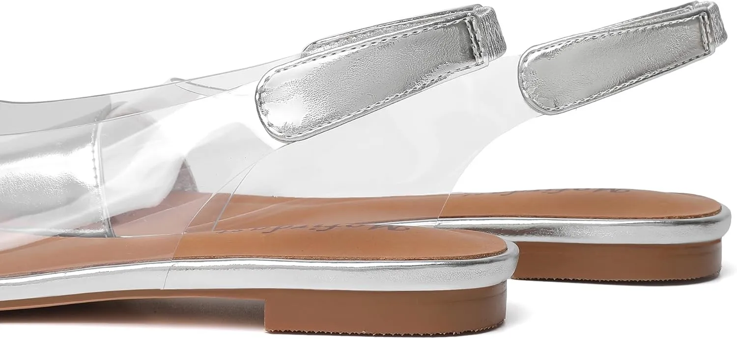 Mofirdast Clear Flats Sandals for Women Square Toe Slingback Flats with Transparent Ankle Strap for Work Weddings Parties