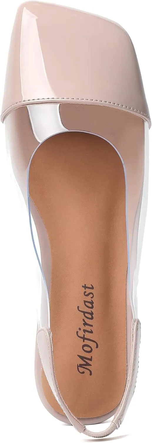 Mofirdast Clear Flats Sandals for Women Square Toe Slingback Flats with Transparent Ankle Strap for Work Weddings Parties