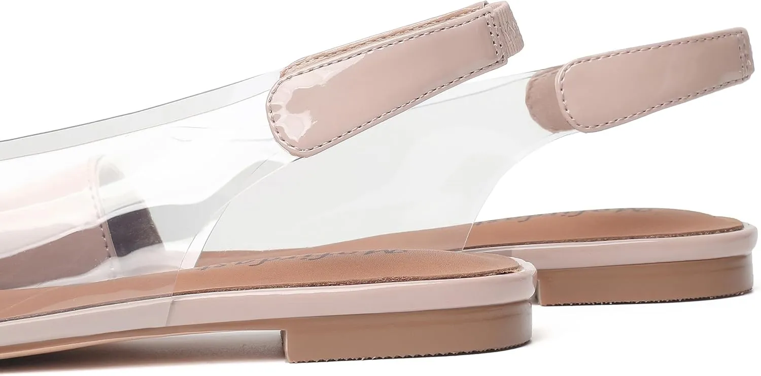 Mofirdast Clear Flats Sandals for Women Square Toe Slingback Flats with Transparent Ankle Strap for Work Weddings Parties