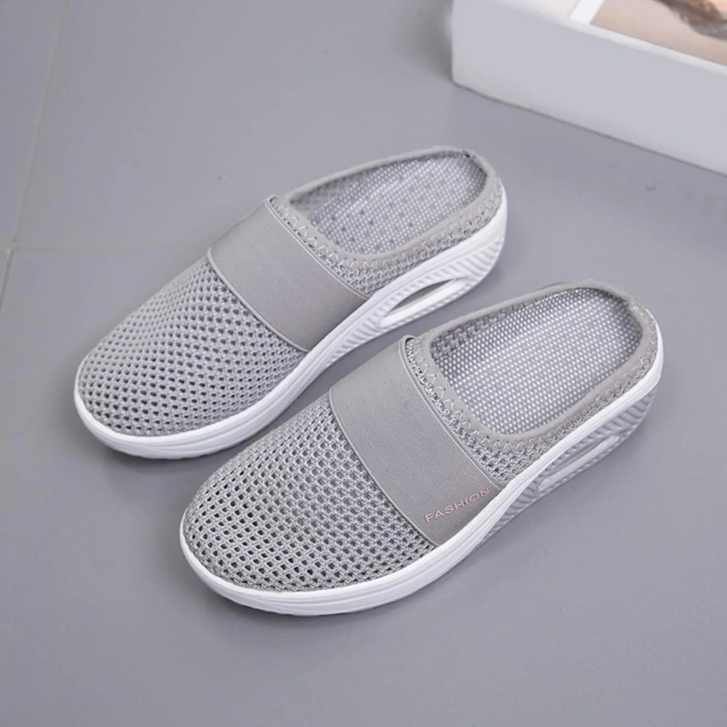 Mules for Women Breathable Mesh Walking Mules Sneakers Open Back Slip On Shoes Diabetic Air-Cushion Slip-On Walking Shoes Orthopedic Diabetic Slippers Closed Toe Slides Beach Sandals