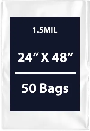 Multiple Sizes Clear Flat Poly Bags, 1.5Mil 24" X 48" & 50 Bags | Low-Density Polyethylene (LDPE), Flat Open Top Plastic Packaging Packing | Flexible and Durable Plastic Bags
