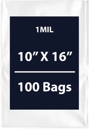 Multiple Sizes Clear Flat Poly Bags, 1Mil 10" X 16" & 100 Bags | Low-Density Polyethylene (LDPE), Flat Open Top Plastic Packaging Packing | Flexible and Durable Plastic Bags