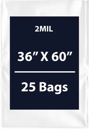 Multiple Sizes Clear Flat Poly Bags - 36x60 & (25 Bags) 2Mil Flat Open Top Plastic Packaging Packing | Flexible and Durable Plastic Bags | Low-Density Polyethylene (LDPE)