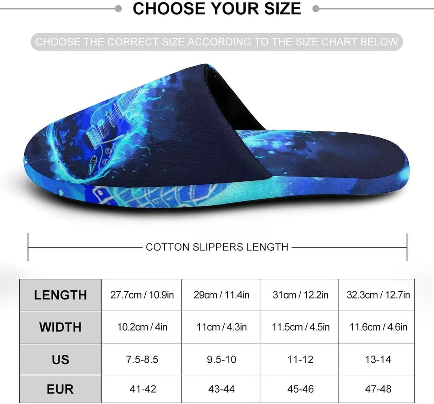 Music Blue Electric Guitar Men's House Shoes Cotton Slippers Warm Bedroom Shoes Soft Slipper for Indoor Outdoor