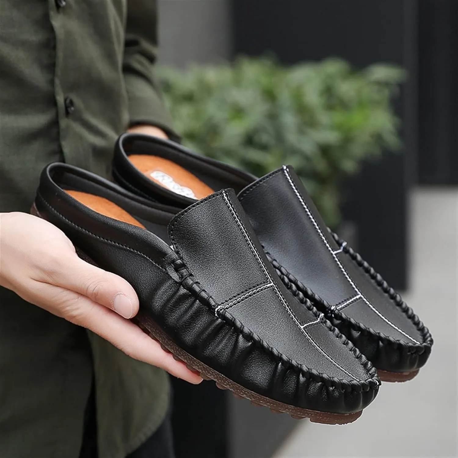 New Mens Loafers Stitching Details Backless Moccasins Shoes Vegan Leather Flat Heel Slip Resistant Flexible Outdoor Party Slip-ons