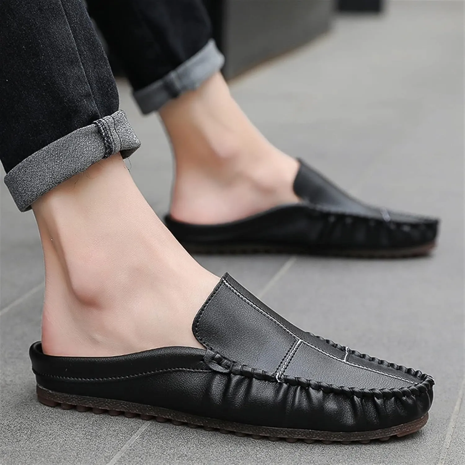 New Mens Loafers Stitching Details Backless Moccasins Shoes Vegan Leather Flat Heel Slip Resistant Flexible Outdoor Party Slip-ons