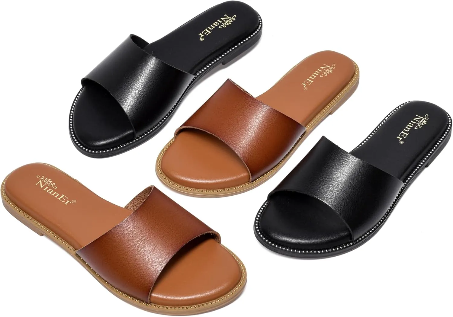NianEr Womens Microfiber Leather Comfort Foam Rhinestone Glitter Sparkly Dress Flip Flop Sandals Summer Cute Flat Slides