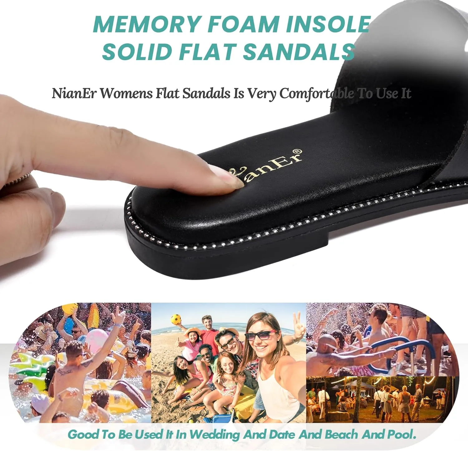 NianEr Womens Microfiber Leather Comfort Foam Rhinestone Glitter Sparkly Dress Flip Flop Sandals Summer Cute Flat Slides