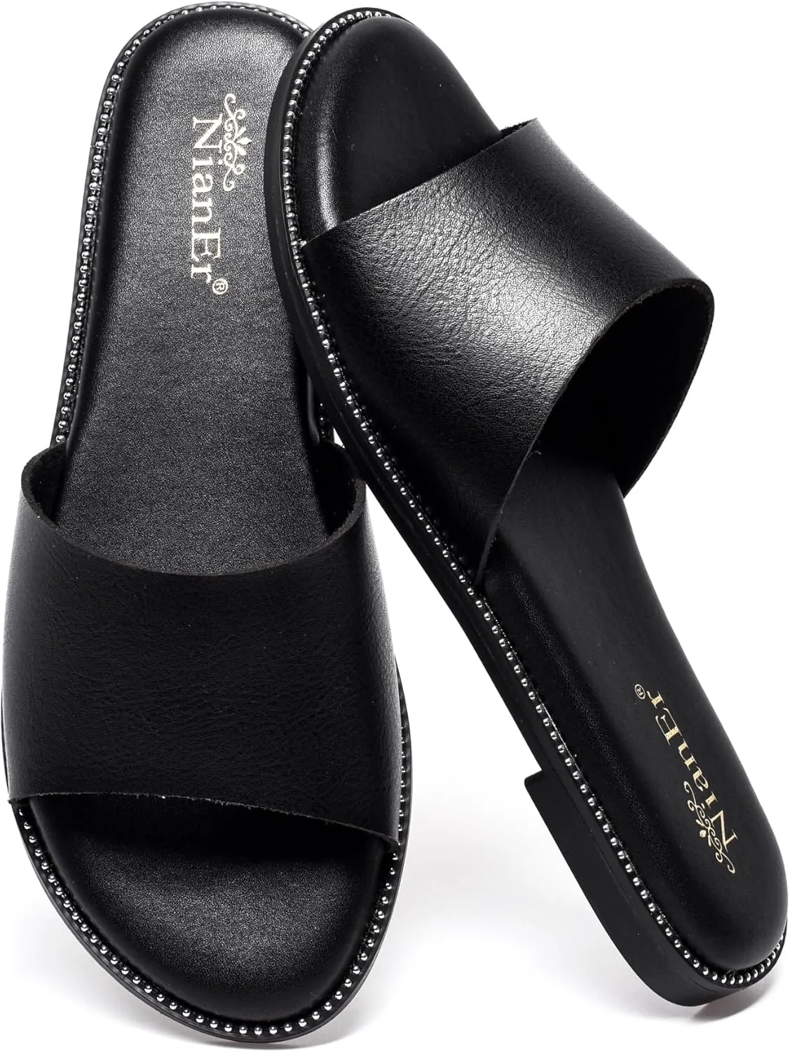 NianEr Womens Microfiber Leather Comfort Foam Rhinestone Glitter Sparkly Dress Flip Flop Sandals Summer Cute Flat Slides