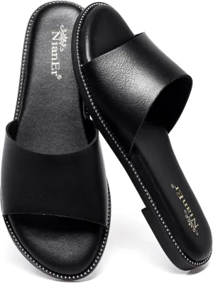 NianEr Womens Microfiber Leather Comfort Foam Rhinestone Glitter Sparkly Dress Flip Flop Sandals Summer Cute Flat Slides