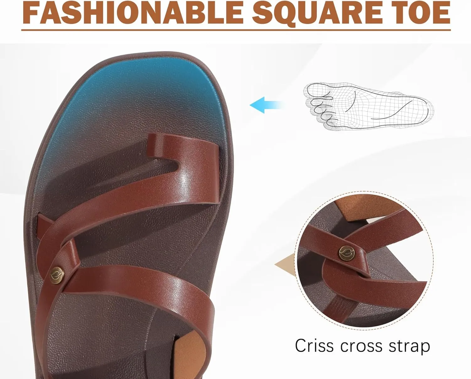 ONCAI Flat Sandals for Women Trendy Square Open Split-Toe Ring Summer Dressy Cross Strappy Slides Sandles with Slip-on Rubber Soles
