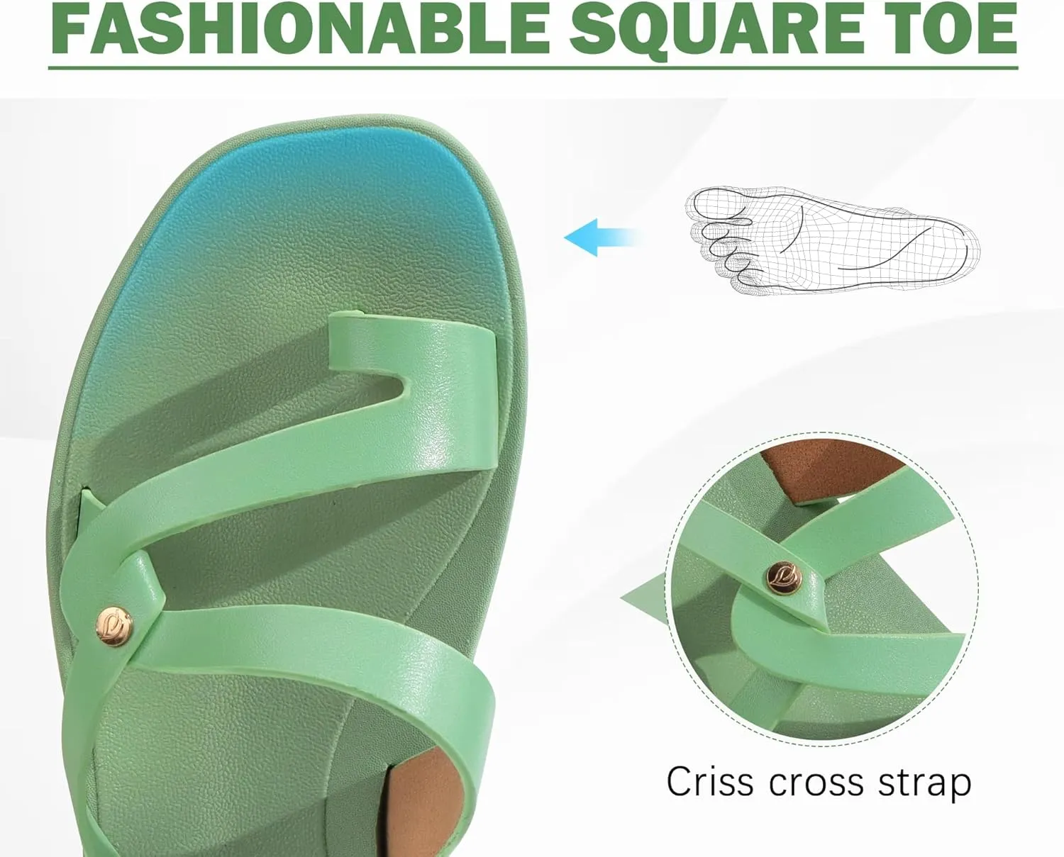 ONCAI Flat Sandals for Women Trendy Square Open Split-Toe Ring Summer Dressy Cross Strappy Slides Sandles with Slip-on Rubber Soles