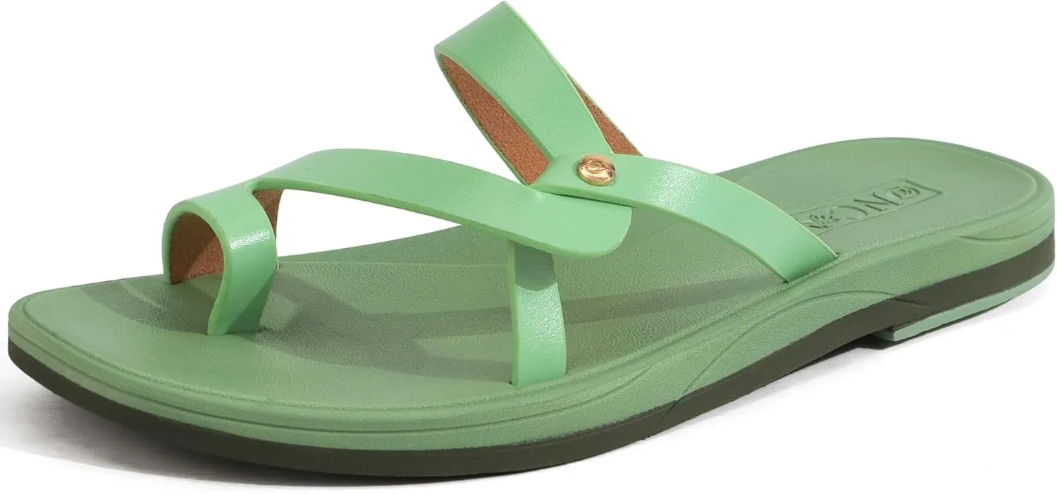 ONCAI Flat Sandals for Women Trendy Square Open Split-Toe Ring Summer Dressy Cross Strappy Slides Sandles with Slip-on Rubber Soles