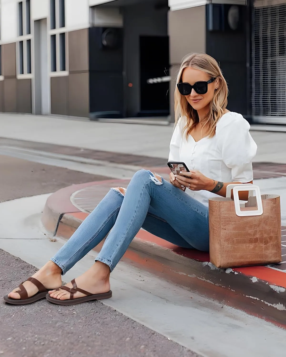 ONCAI Flat Sandals for Women Trendy Square Open Split-Toe Ring Summer Dressy Cross Strappy Slides Sandles with Slip-on Rubber Soles