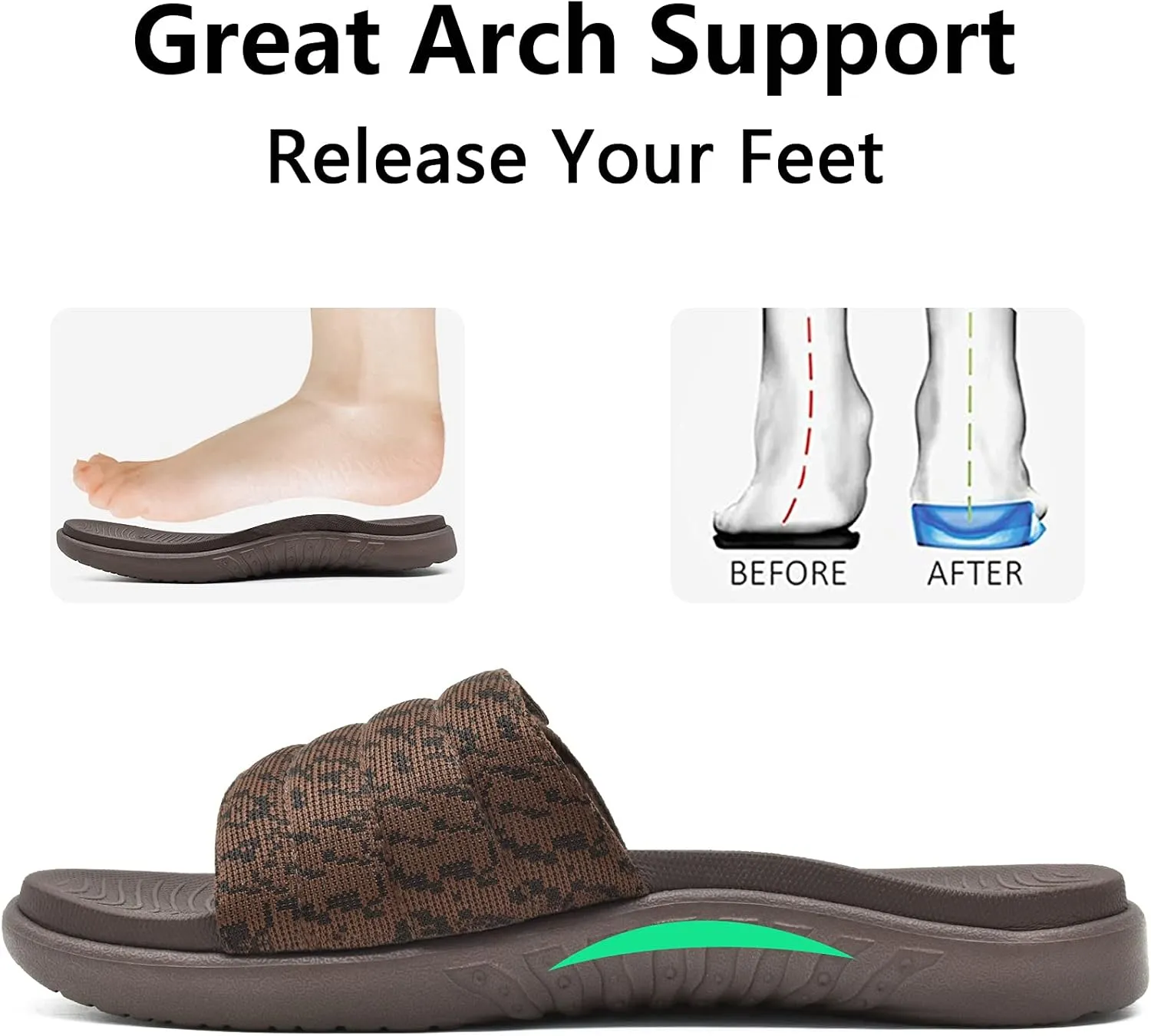 ONCAI Mens Sandals, Arch Support Sport Slides Open Toe Adjustable Straps Orthotic Cushioned Footbed for Plantar Fasciitis Rubber Soles Size 7.5-15