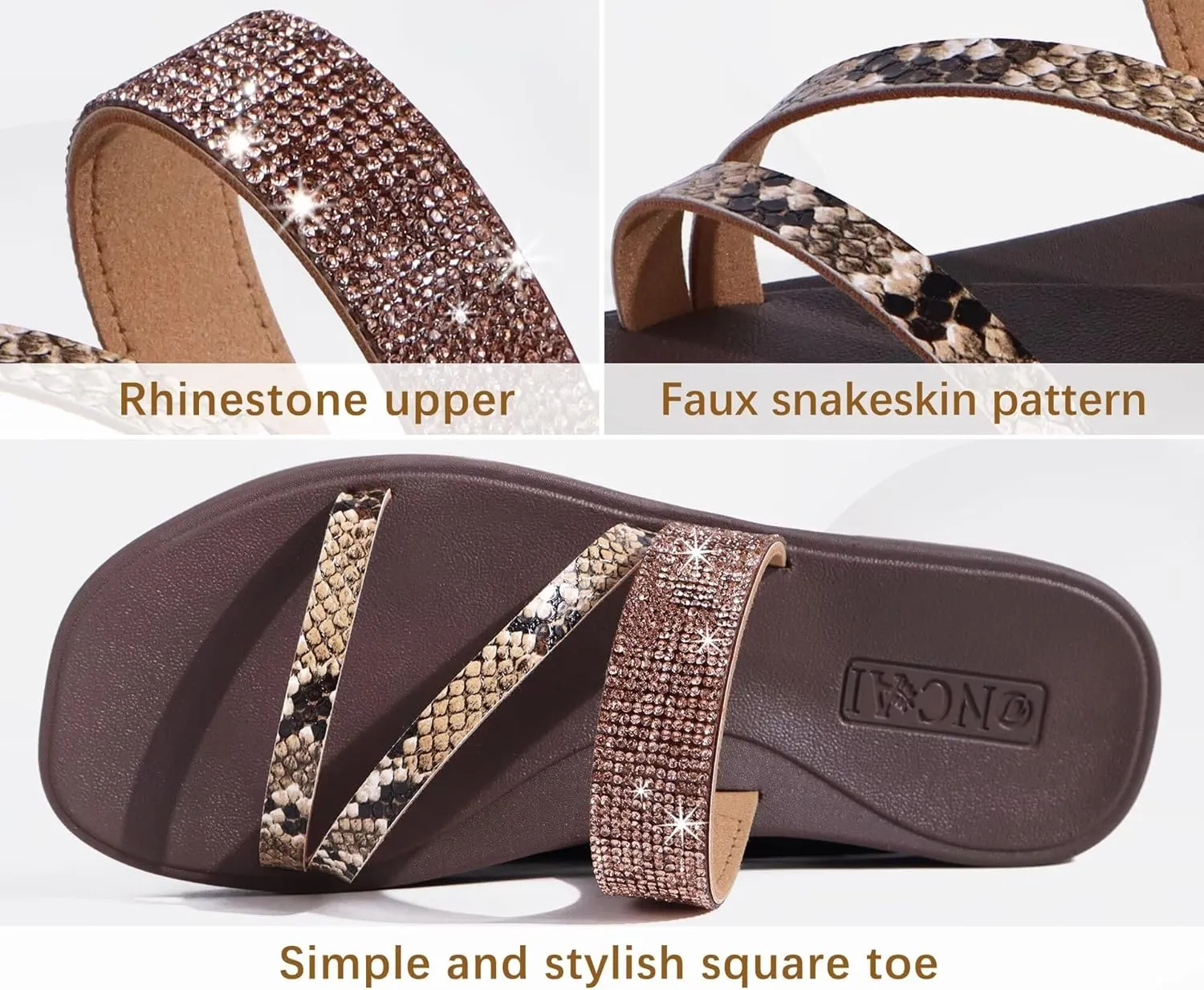 ONCAI Women's Flat Sandals Summer Dressy Casual Sandals Women Fashion Rhinestone Square Toe Slip On Ladies Slides Comfortable Cushion Footbed Beach Flat Sandal For Woman Size 6-11