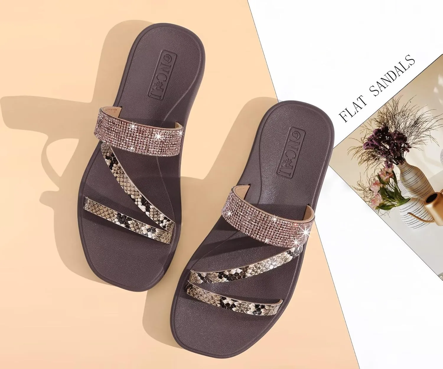 ONCAI Women's Flat Sandals Summer Dressy Casual Sandals Women Fashion Rhinestone Square Toe Slip On Ladies Slides Comfortable Cushion Footbed Beach Flat Sandal For Woman Size 6-11