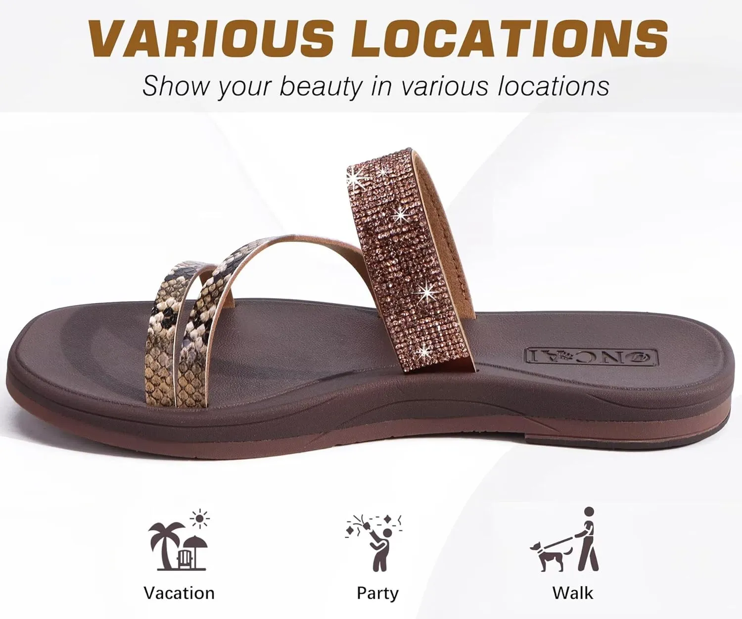 ONCAI Women's Flat Sandals Summer Dressy Casual Sandals Women Fashion Rhinestone Square Toe Slip On Ladies Slides Comfortable Cushion Footbed Beach Flat Sandal For Woman Size 6-11