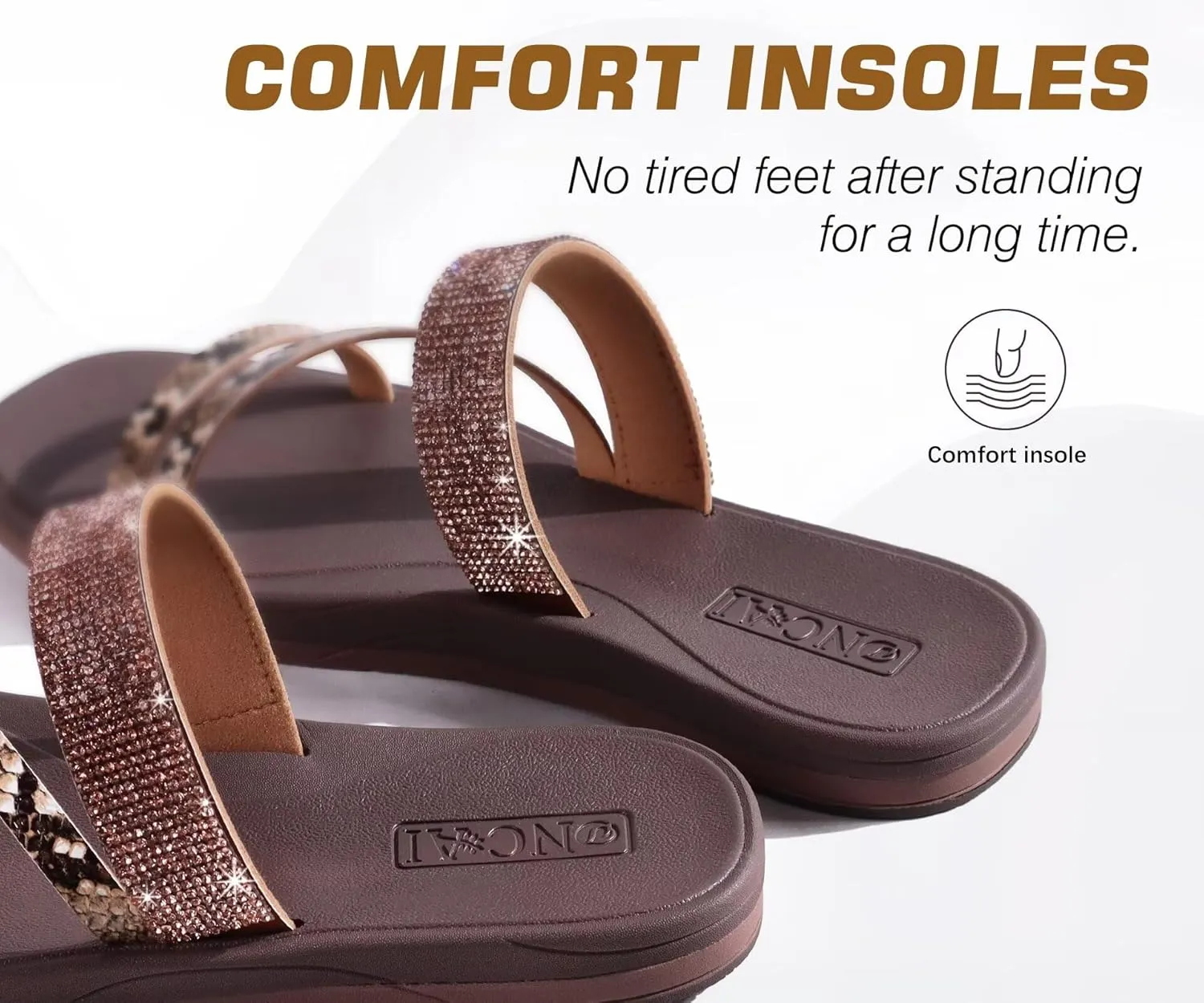 ONCAI Women's Flat Sandals Summer Dressy Casual Sandals Women Fashion Rhinestone Square Toe Slip On Ladies Slides Comfortable Cushion Footbed Beach Flat Sandal For Woman Size 6-11