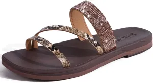 ONCAI Women's Flat Sandals Summer Dressy Casual Sandals Women Fashion Rhinestone Square Toe Slip On Ladies Slides Comfortable Cushion Footbed Beach Flat Sandal For Woman Size 6-11