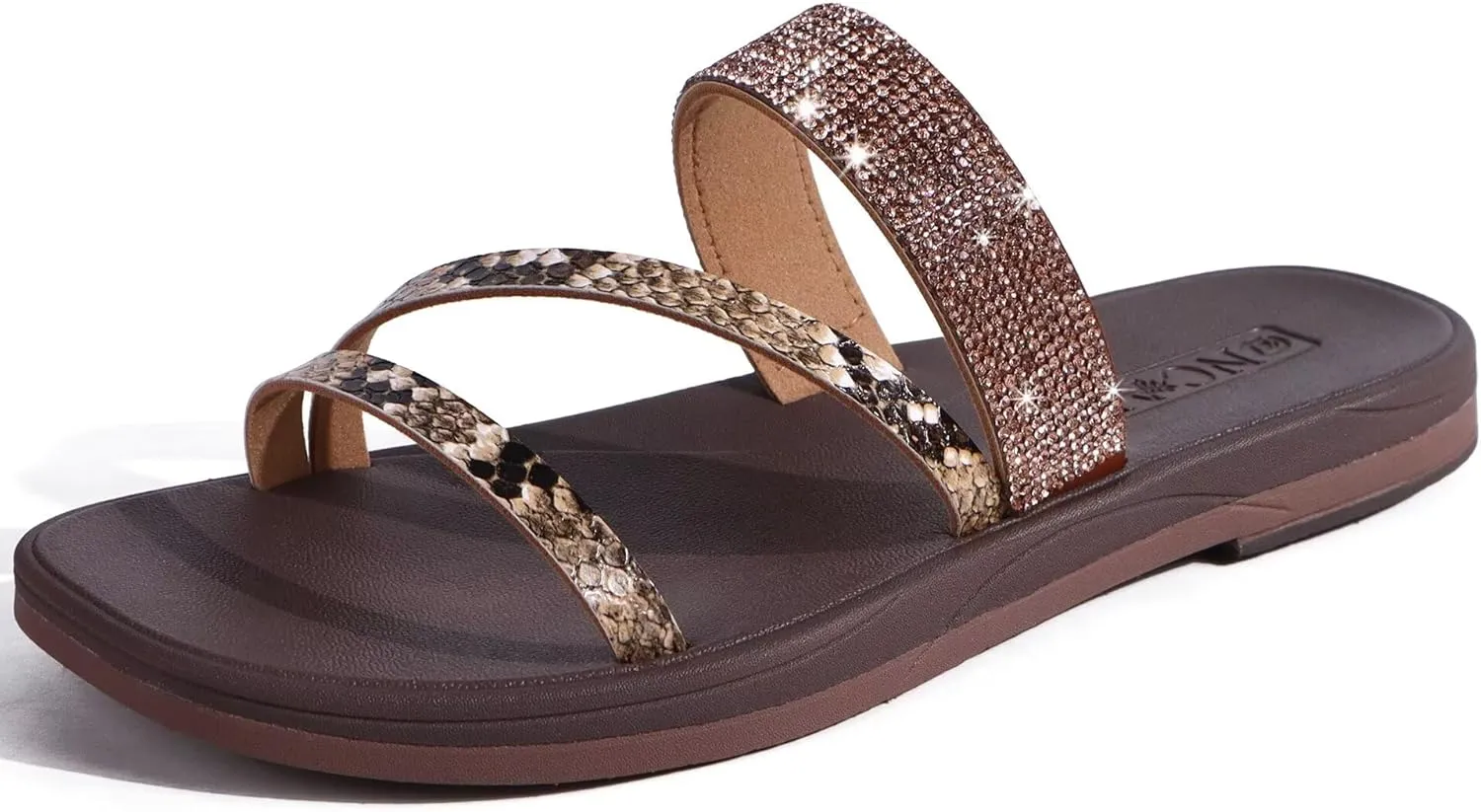 ONCAI Women's Flat Sandals Summer Dressy Casual Sandals Women Fashion Rhinestone Square Toe Slip On Ladies Slides Comfortable Cushion Footbed Beach Flat Sandal For Woman Size 6-11