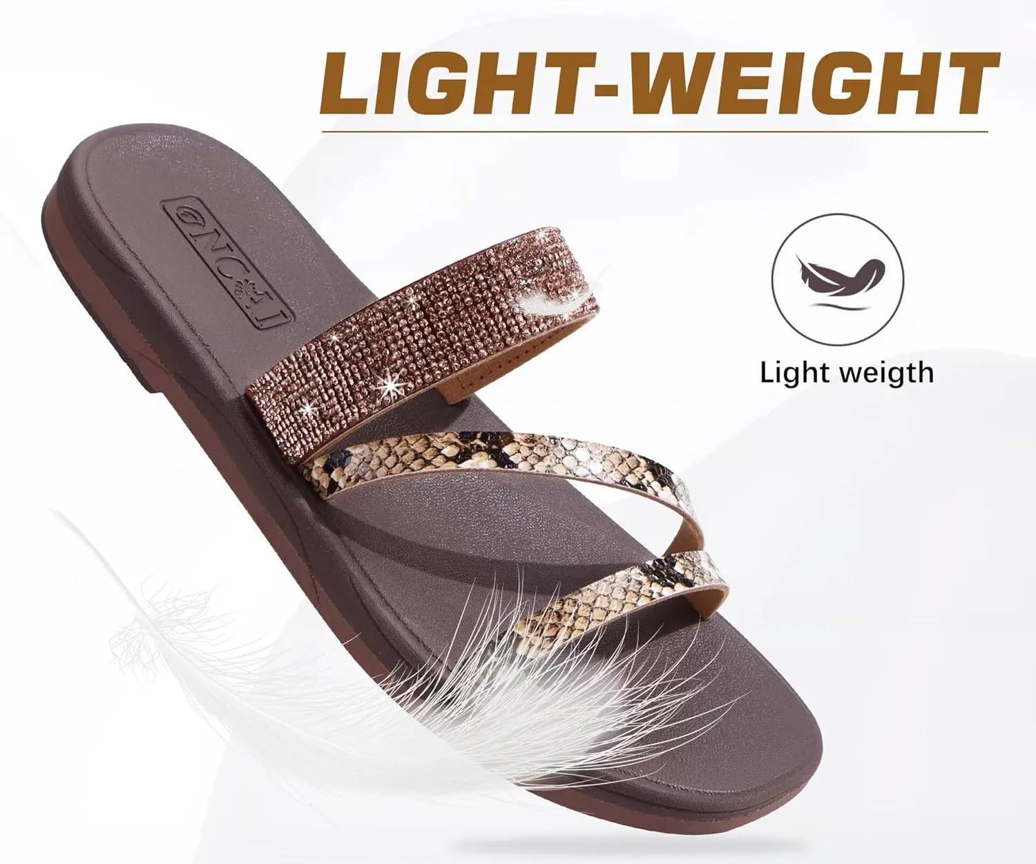 ONCAI Women's Flat Sandals Summer Dressy Casual Sandals Women Fashion Rhinestone Square Toe Slip On Ladies Slides Comfortable Cushion Footbed Beach Flat Sandal For Woman Size 6-11