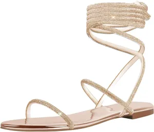 onlymaker Womens Lace up Rhinestone Flat Sandals Butterfly Ankle Wrap Tie up Round Toe Slide Summer Beach Sandals