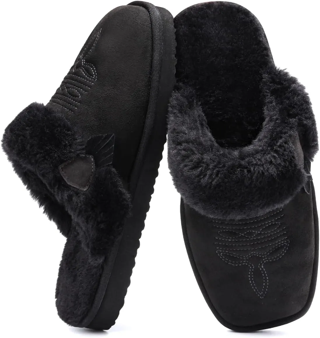 OOW Fuzzy House Slippers for Women with Memory Foam Comfy Bedroom Fluffy Western Cowgirl Boot Slippers Indoor Outdoor Square Toe