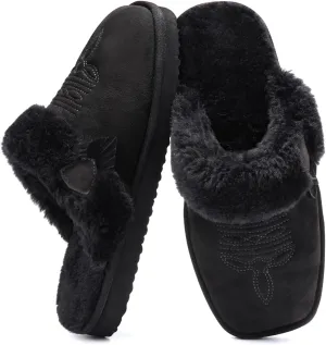 OOW Fuzzy House Slippers for Women with Memory Foam Comfy Bedroom Fluffy Western Cowgirl Boot Slippers Indoor Outdoor Square Toe