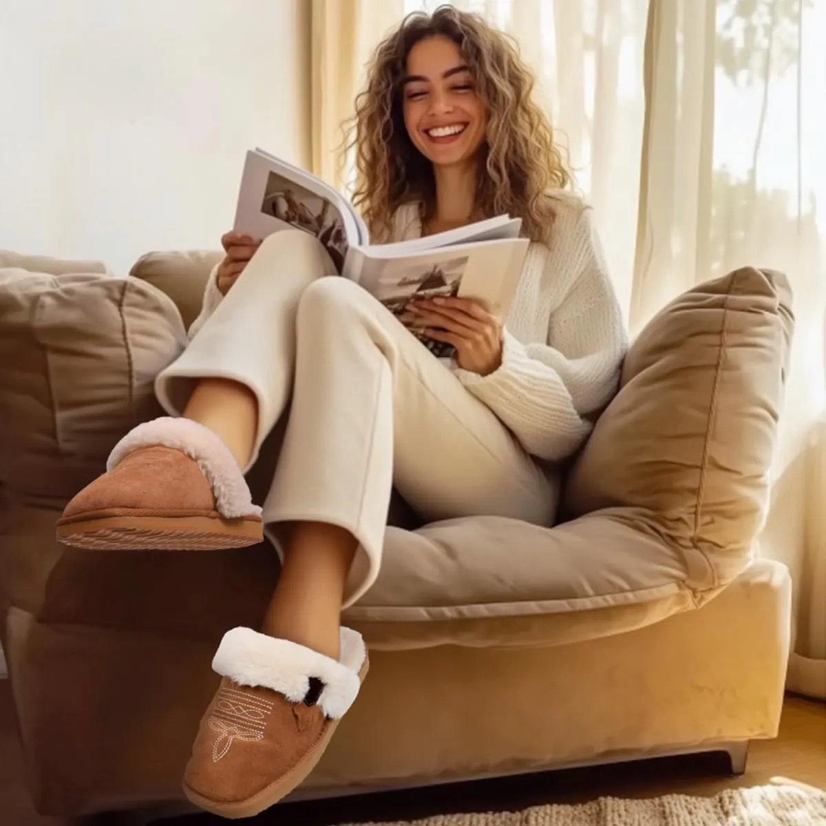 OOW Fuzzy House Slippers for Women with Memory Foam Comfy Bedroom Fluffy Western Cowgirl Boot Slippers Indoor Outdoor Square Toe