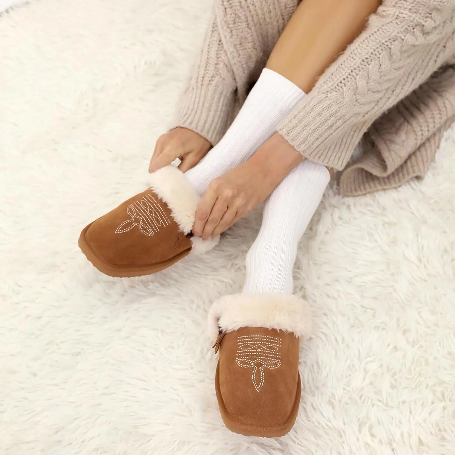OOW Fuzzy House Slippers for Women with Memory Foam Comfy Bedroom Fluffy Western Cowgirl Boot Slippers Indoor Outdoor Square Toe